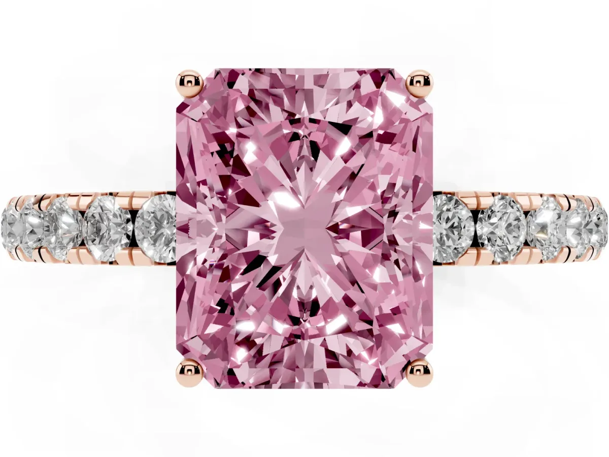 Fancy Pink Radiant Cut Diamond Pavé Solitaire Engagement Ring with Four-Prong Setting Rose gold