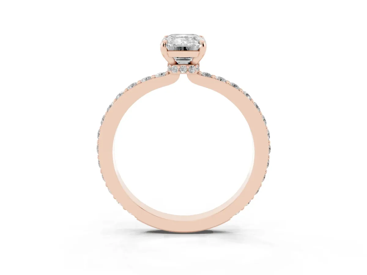 Emerald Cut Diamond Solitaire Engagement Ring with Pavé Band and Four-Prong Setting Rose gold