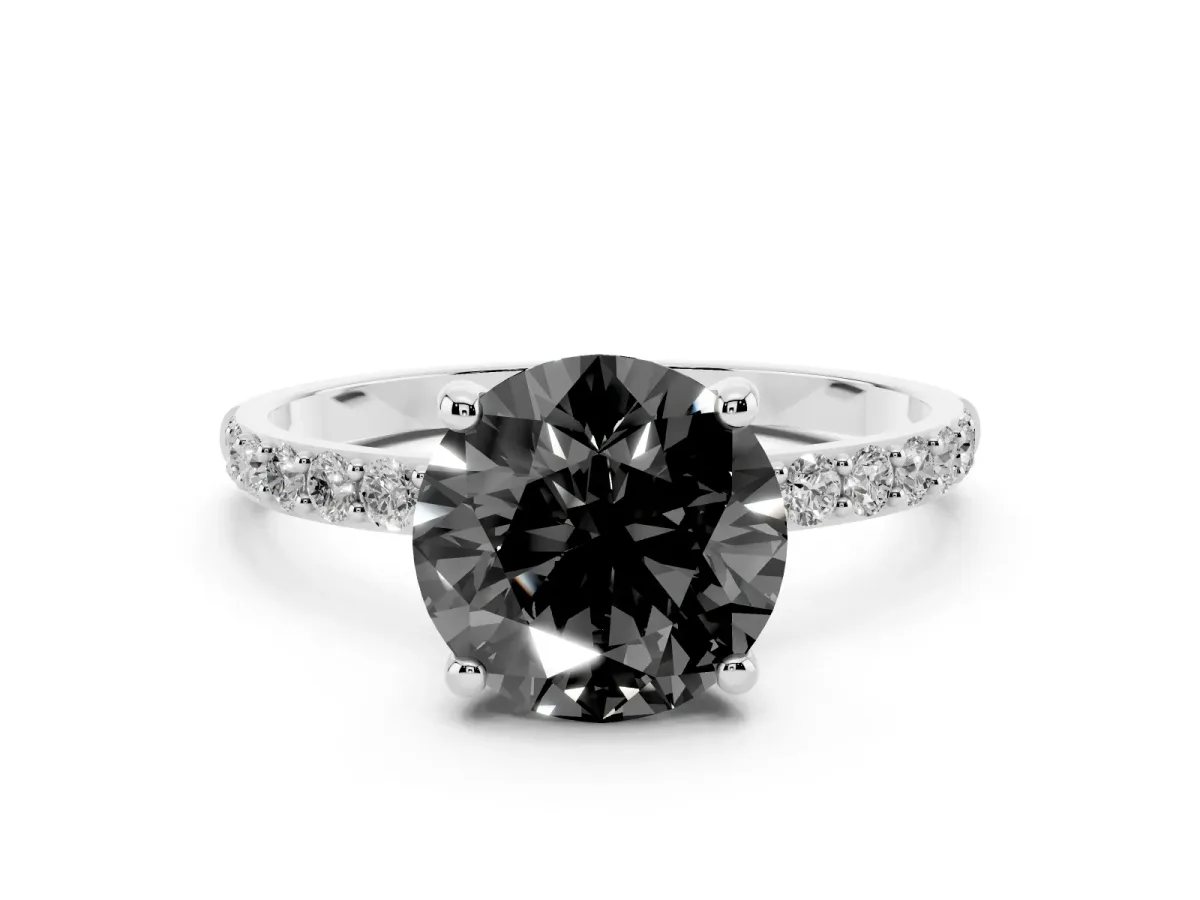 Fancy Black Round Cut Diamond Solitaire Ring with Round Pavé Band and Prong Setting Silver