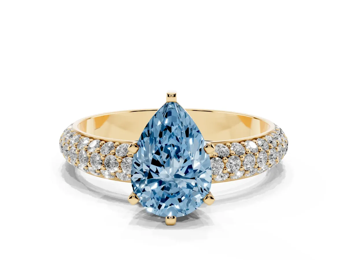 Fancy Blue Pear Cut Diamond Solitaire Ring with Prong Setting and Pavé Band Yellow gold