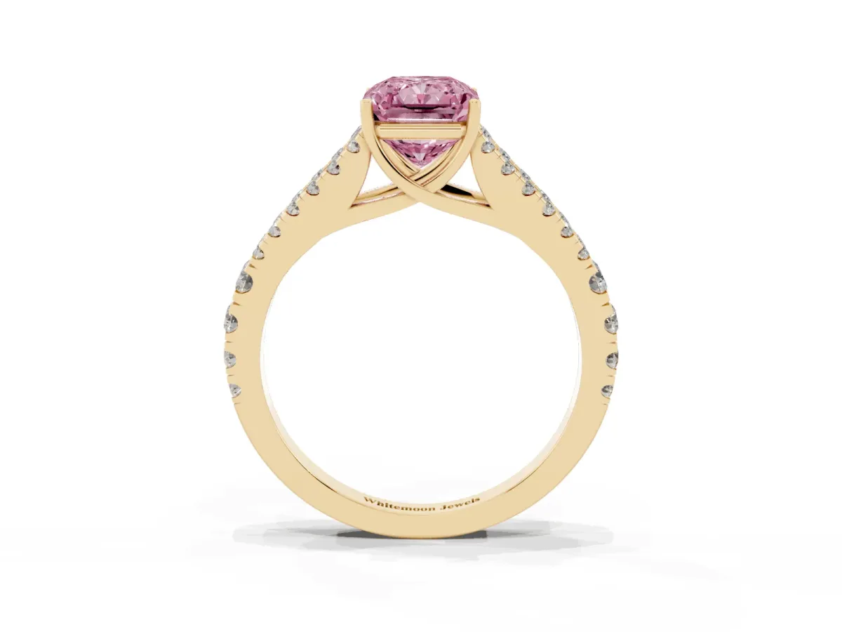 Fancy Pink Radiant Cut Diamond Split Shank Pavé Engagement Ring with Four-Prong Setting Yellow gold