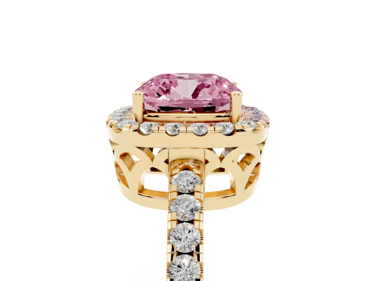 Fancy Pink Cushion Cut Halo Diamond Engagement Ring with Pavé Band and Four-Prong Setting Yellow gold