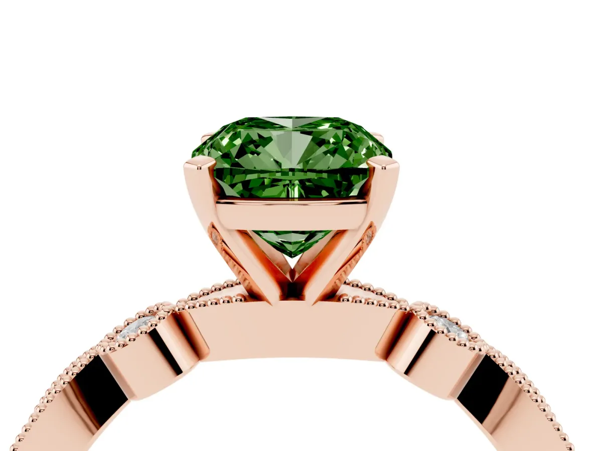 Fancy Green Cushion Cut Milgrain Bezel Diamond Engagement Ring with Solitaire Prong Setting Rose gold
