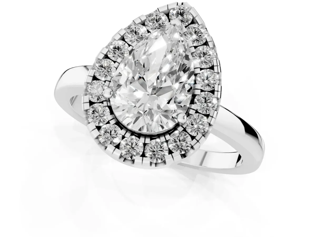 Pear Cut Halo Diamond Solitaire with Pavé Band and Four-Prong Setting Platinum