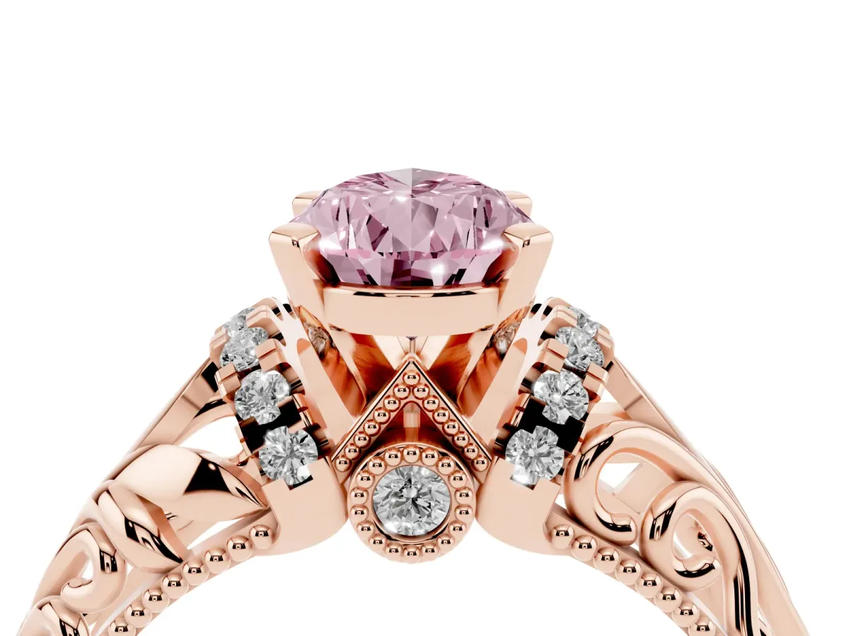 Fancy Pink Pear Cut Solitaire Filigree Engagement Ring with Halo and Prong Setting Rose gold
