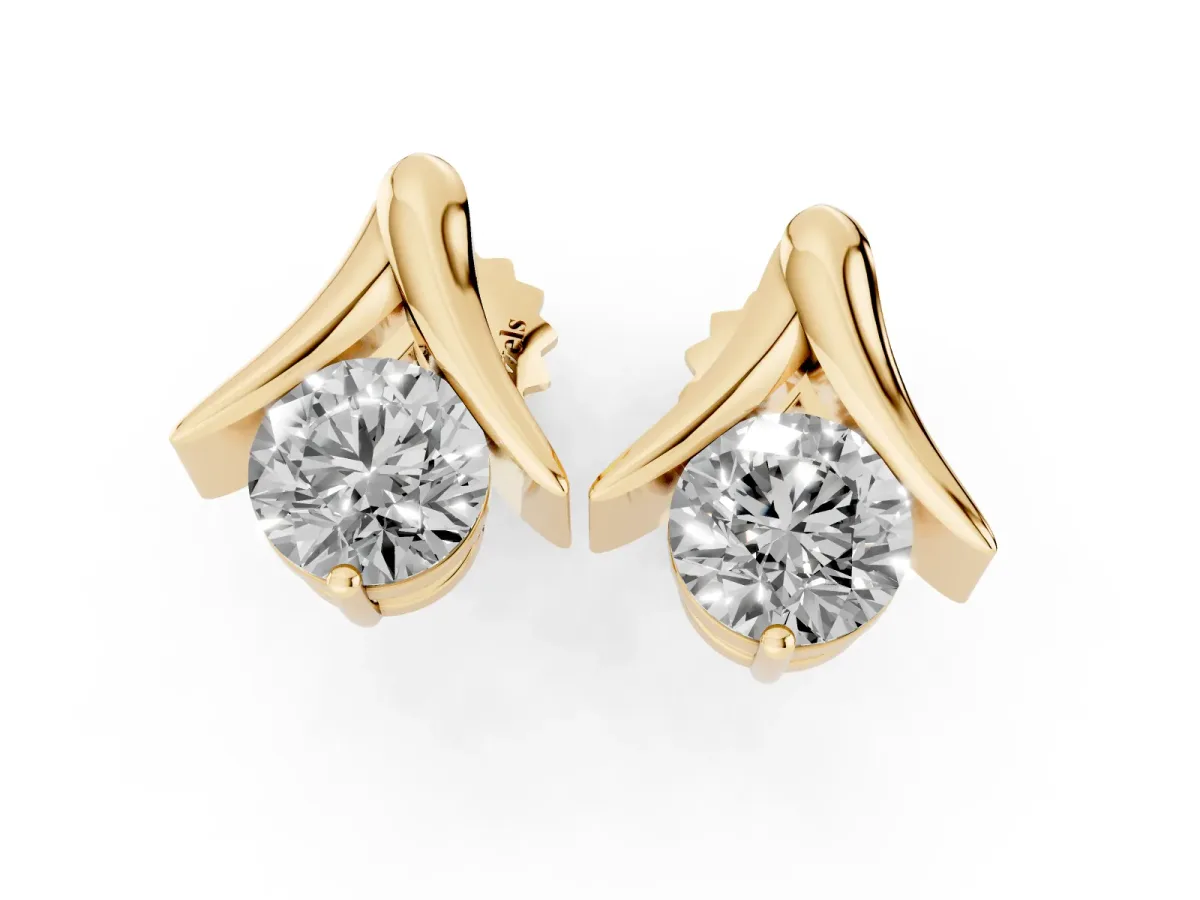 Round Diamond Inverted V Stud Earrings Yellow gold
