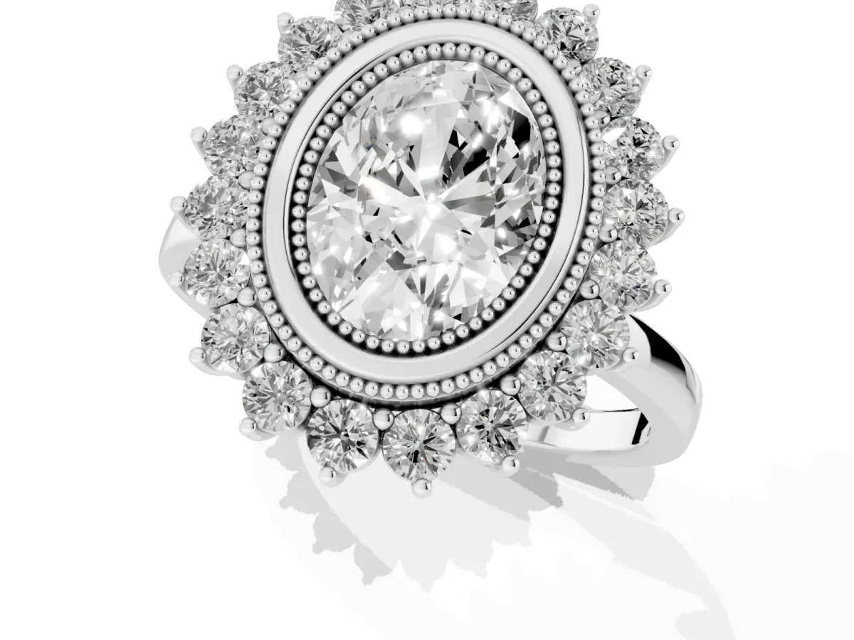 Oval Cut Halo Diamond Ring with Milgrain Edge and Round Prong Setting Silver