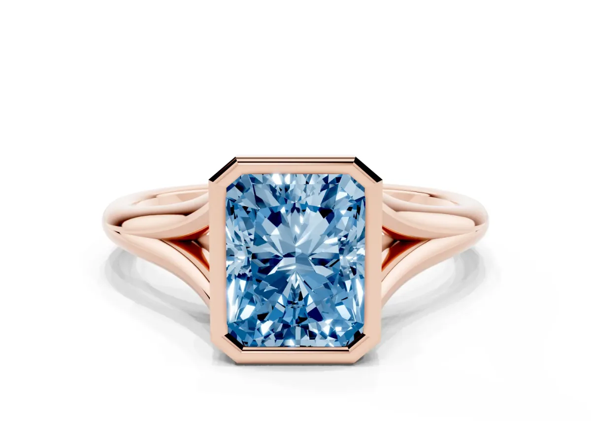 Fancy Blue Bezel Set Radiant Cut Cut Solitaire Ring with Tapered Band Rose gold