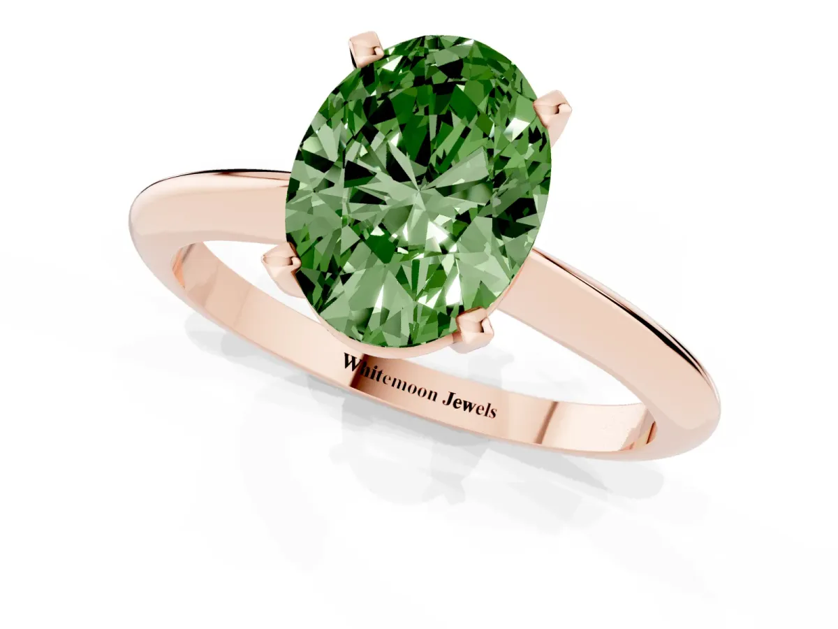 Fancy Green Oval Cut Cut Solitaire Ring with Four-Prong Setting on a Classic Band Rose gold