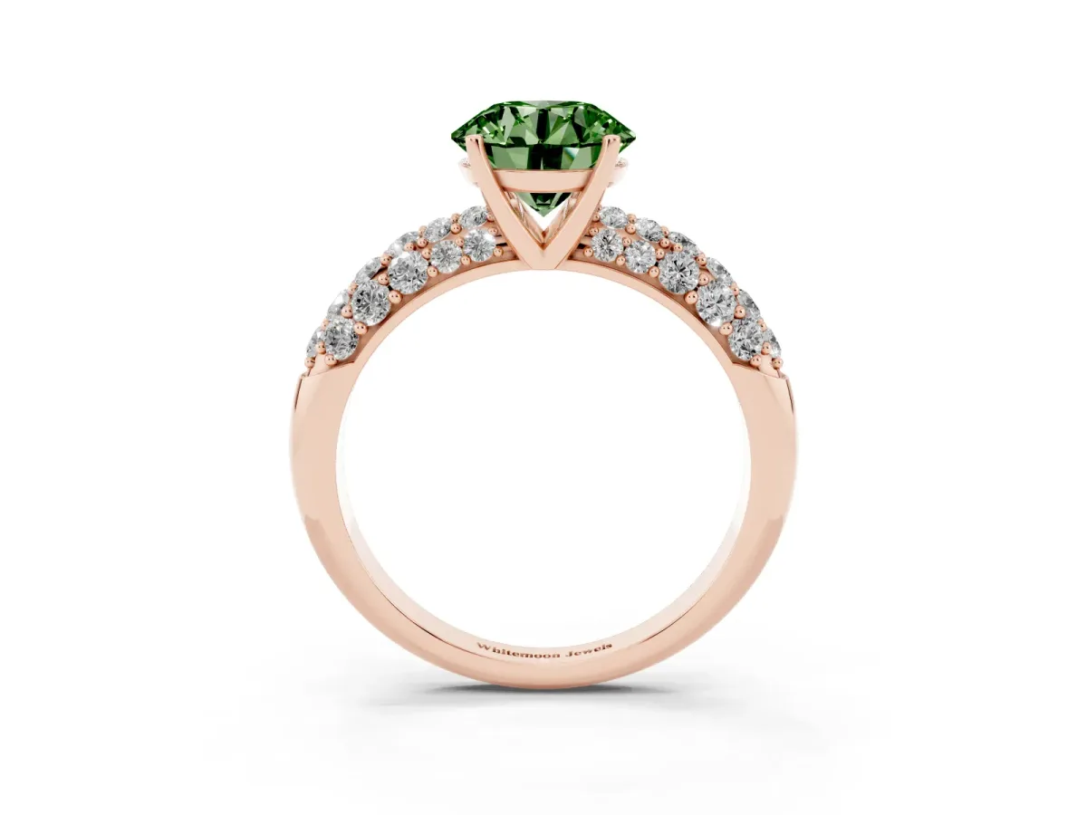 Fancy Green Round Cut Diamond Pavé Band Solitaire Ring with Four-Prong Setting Rose gold