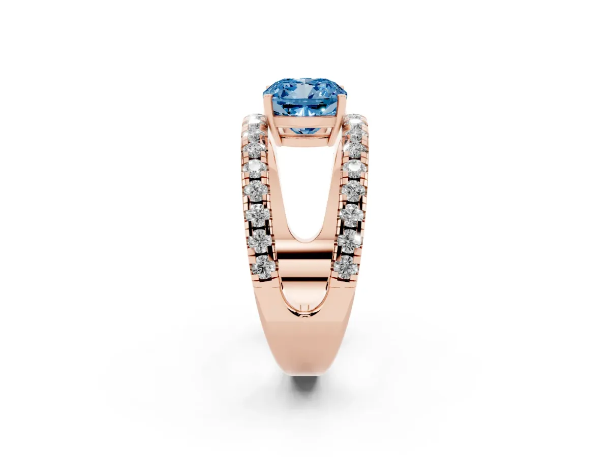 Fancy Blue Cushion Cut Solitaire Split Shank Pave Diamond Ring Rose gold
