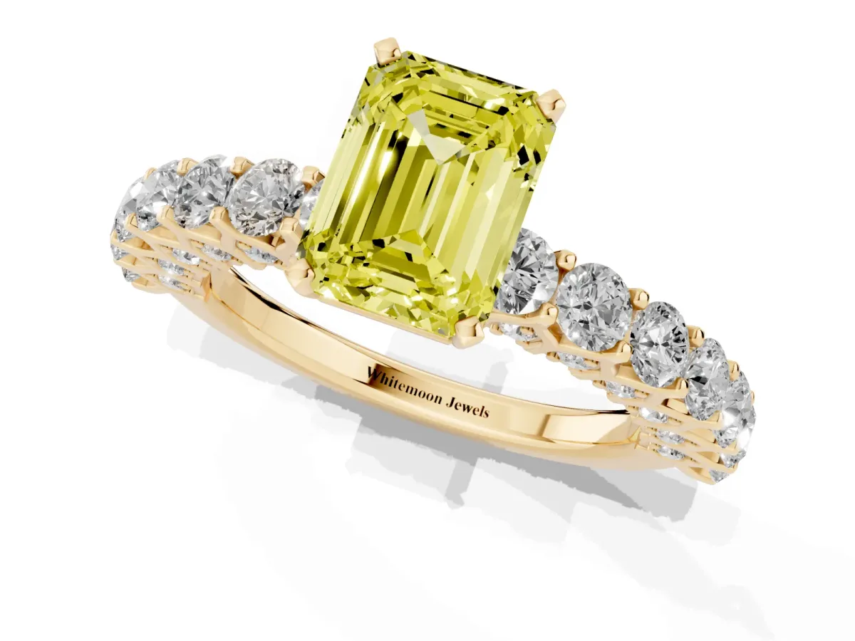 Fancy Yellow Emerald Cut Diamond Solitaire Ring with Shared Prong Pavé Band and Four-Prong Setting Yellow gold