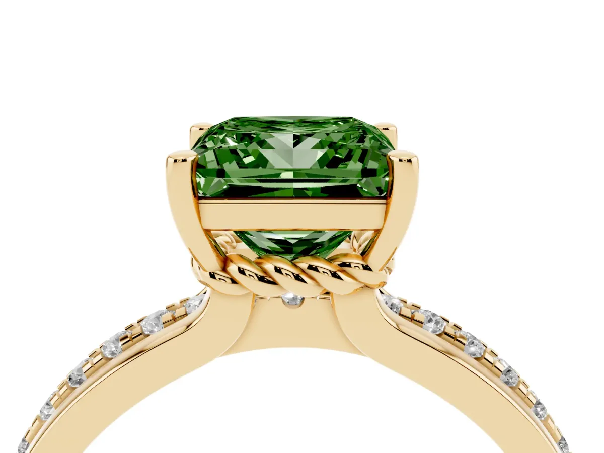 Fancy Green Princess Cut Solitaire Diamond Ring with Channel Set Band and Six-Prong Setting Yellow gold