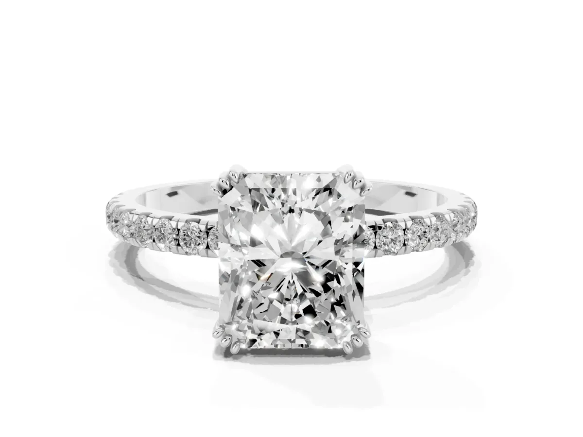 Radiant Cut Brilliant Solitaire with Pavé Band and Claw Prong Setting Silver