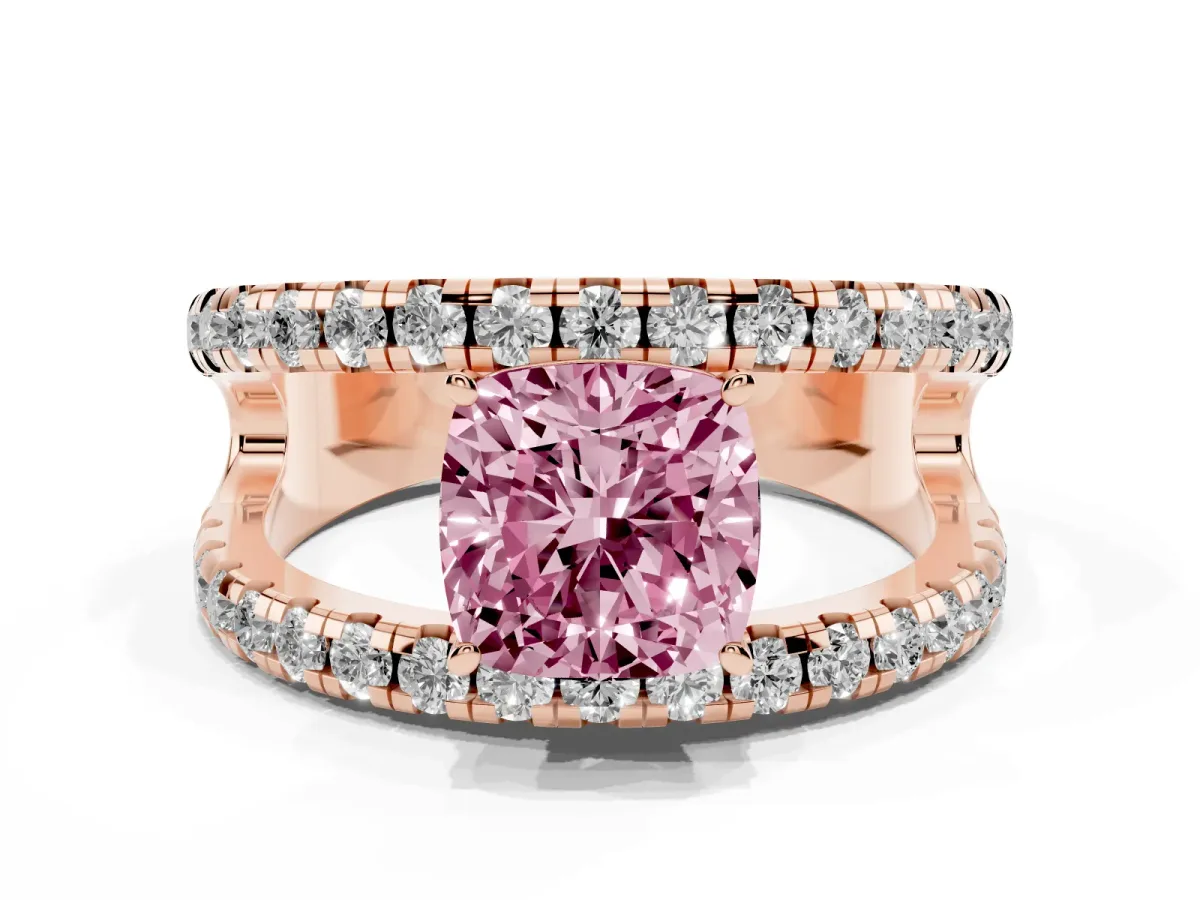 Fancy Pink Cushion Cut Solitaire Split Shank Pave Diamond Ring Rose gold