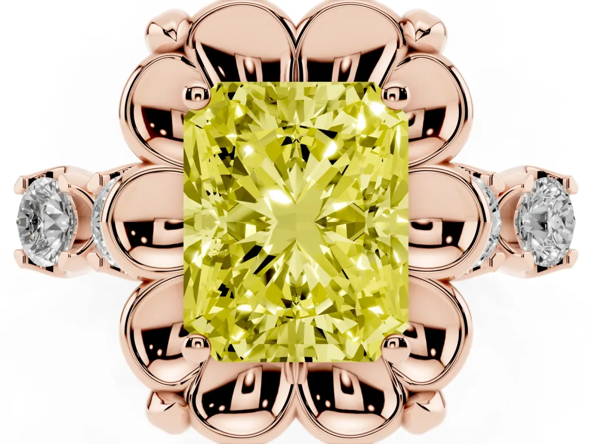 Fancy Yellow Radiant Cut Cut Diamond Floral Halo Engagement Ring with Shared Prong Setting Rose gold