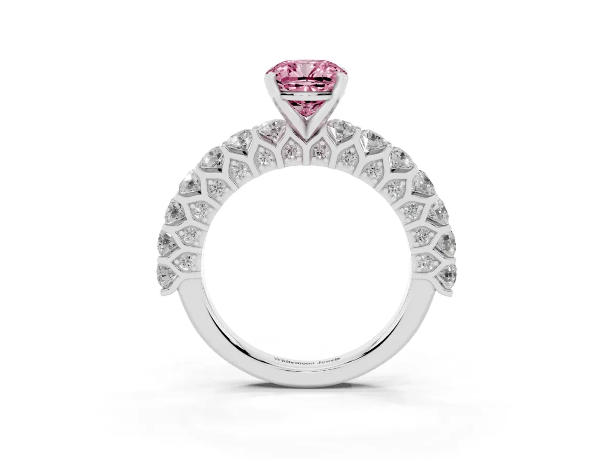 Fancy Pink Cushion Cut Diamond Solitaire Ring with Shared Prong Pavé Band and Four-Prong Setting Silver