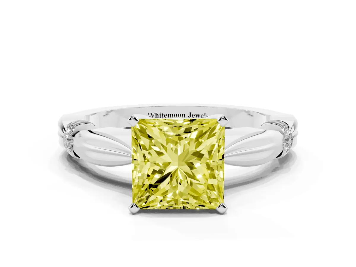 Fancy Yellow Princess Cut Solitaire Diamond Twisted Band with Four-Prong Setting Platinum