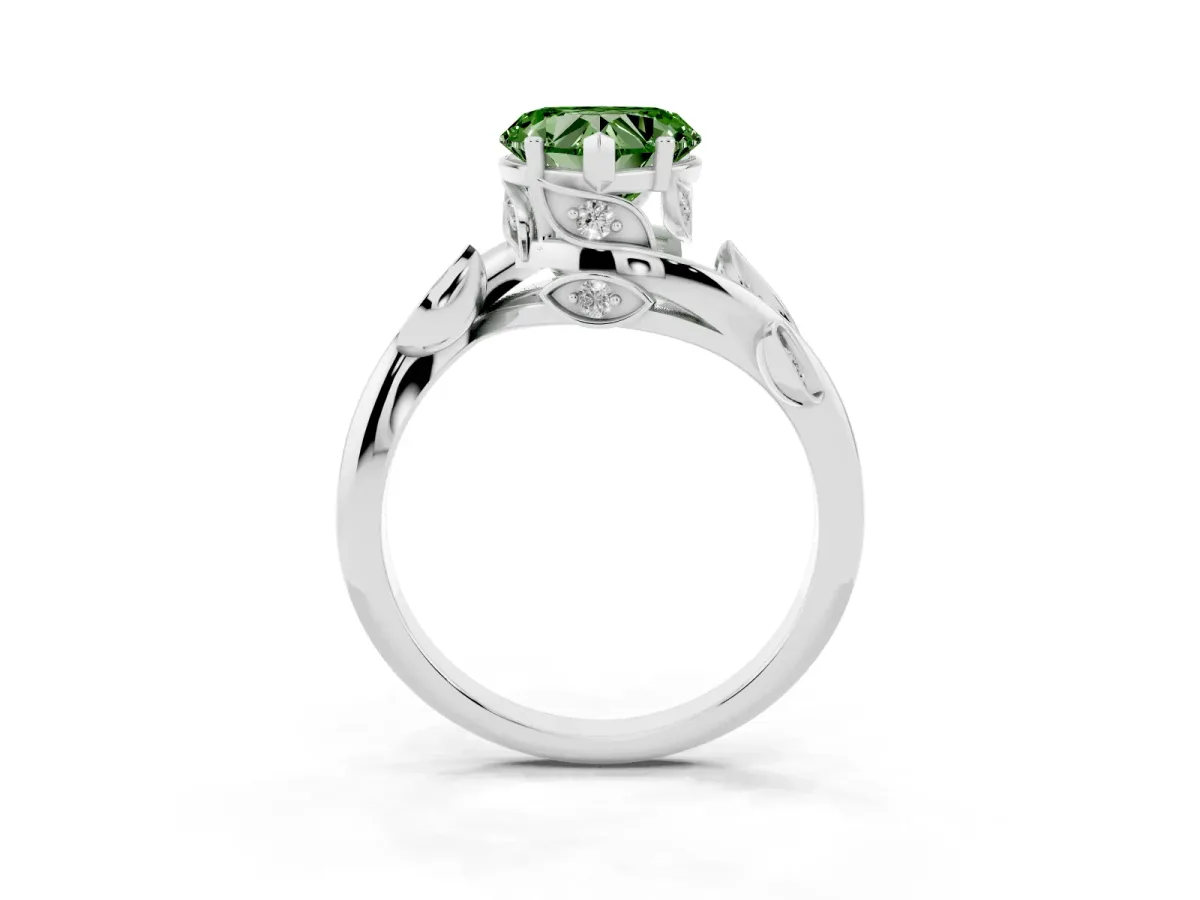 Fancy Green Heart Cut Solitaire Twist Engagement Ring with Leaf Accents and Prong Setting Silver