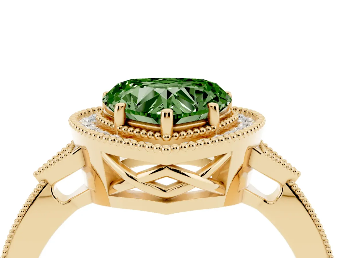 Fancy Green Heart Cut Halo Round Diamond Milgrain Pave Engagement Ring Yellow gold