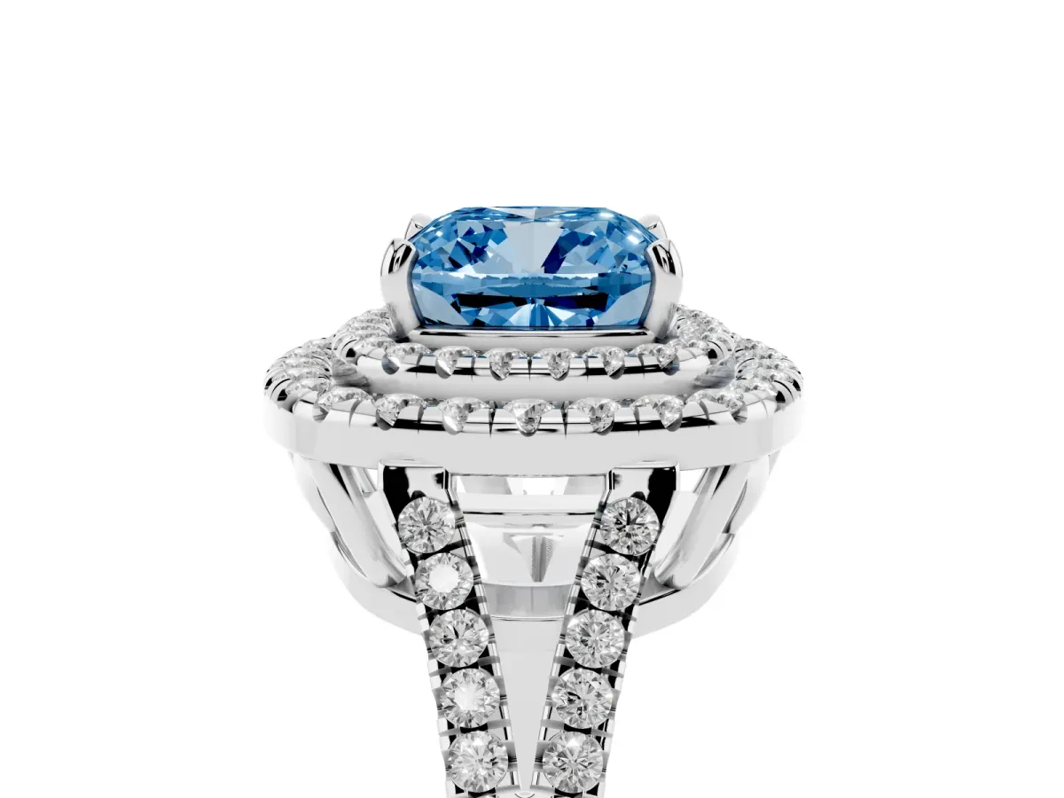 Fancy Blue Cushion Cut Diamond Double Halo Ring with Pavé Band and Prong Setting Silver