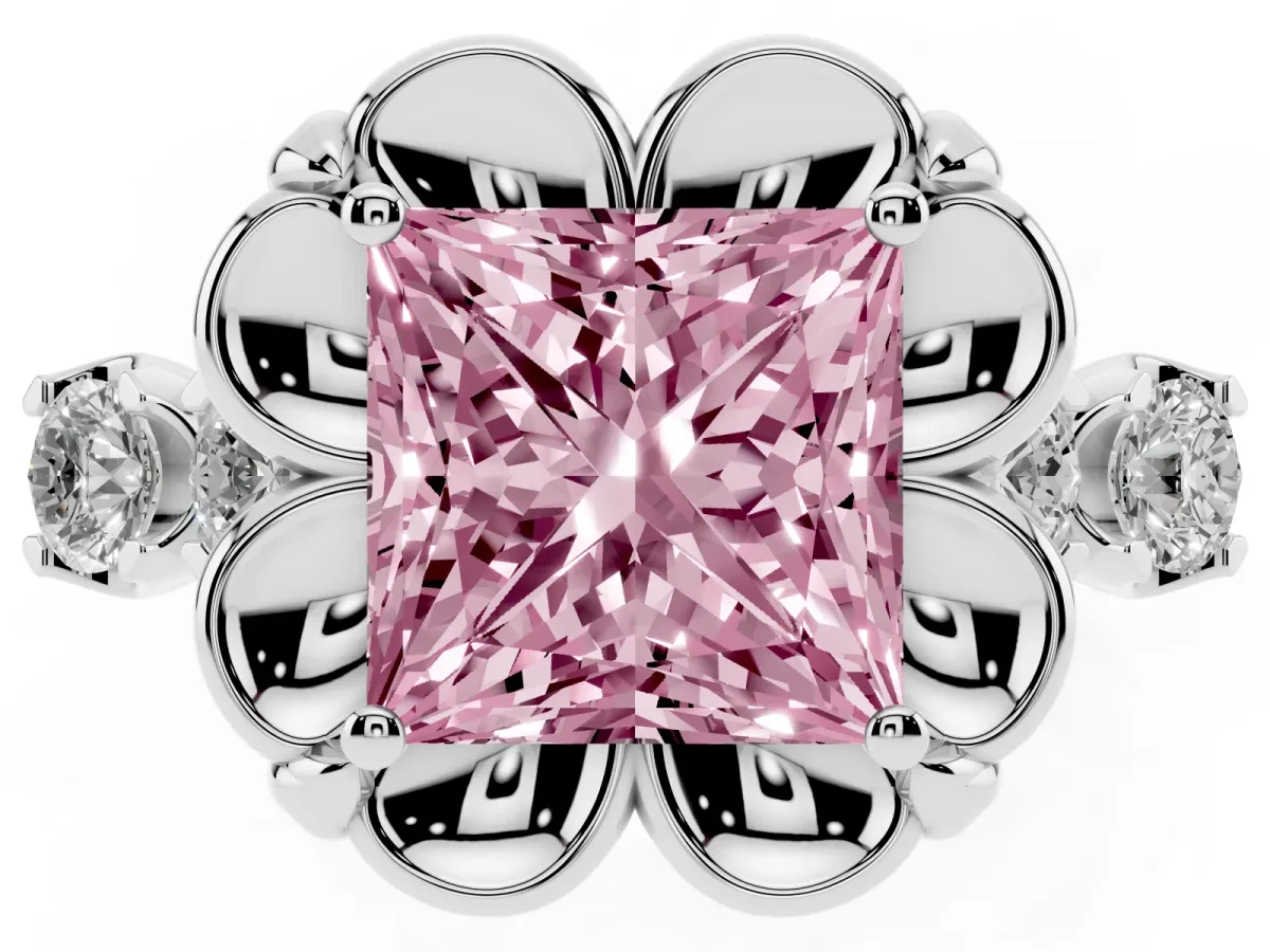 Fancy Pink Princess Cut Cut Diamond Floral Halo Engagement Ring with Shared Prong Setting Platinum