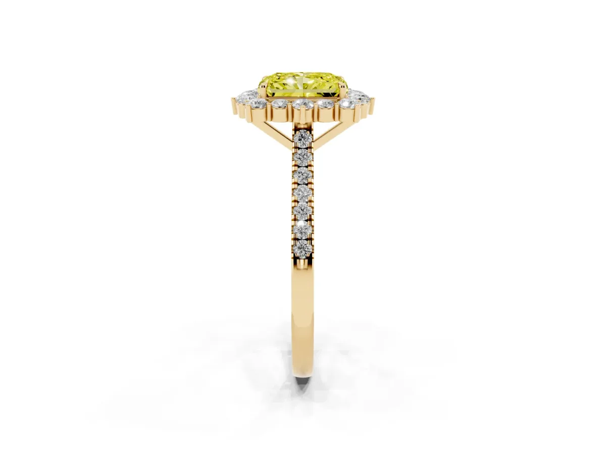 Fancy Yellow Radiant Cut Halo Diamond Ring with Pavé Band and Prong Setting Yellow gold