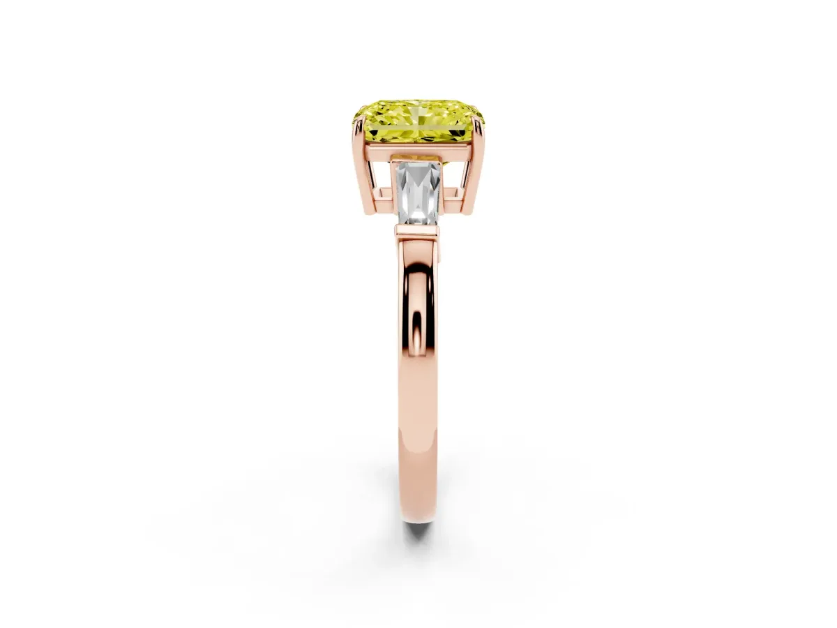 Fancy Yellow Radiant Cut Diamond Three-Stone Ring with Tapered Baguette Side Stones and Prong Setting Rose gold