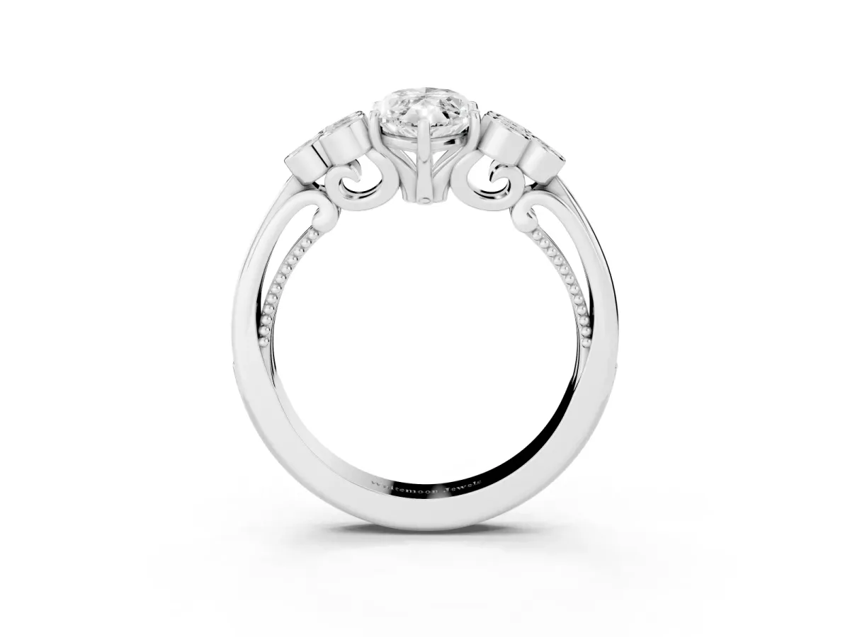Marquise Cut Cut Diamond Engagement Ring with Bezel Set Round Side Stones and Prong Setting Silver