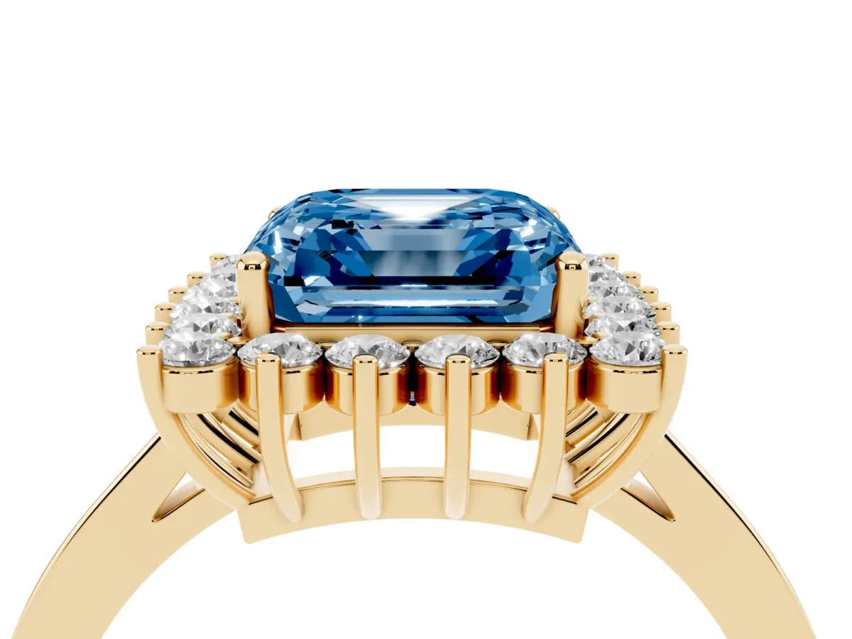 Fancy Blue Asscher Cut Cut Diamond Halo Ring with Round Brilliant Halo and Solitaire Band Yellow gold