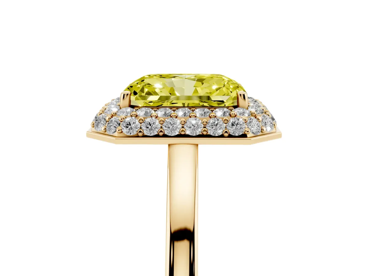 Fancy Yellow Radiant Cut Halo Diamond Engagement Ring with Solitaire Band and Four-Prong Setting Yellow gold