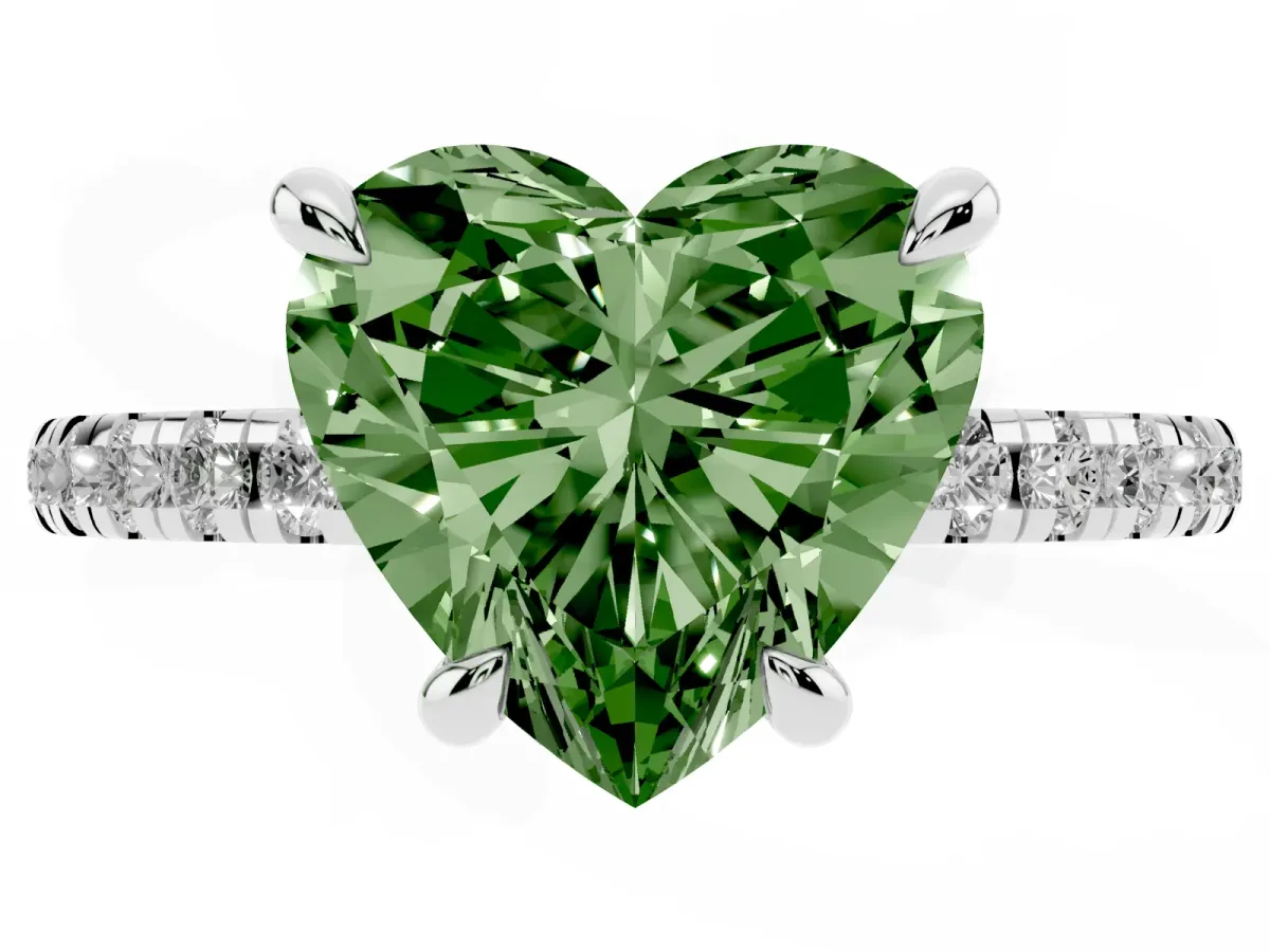 Fancy Green Heart Cut Diamond Brilliant Solitaire Ring with Pavé Band and Four-Prong Setting Platinum