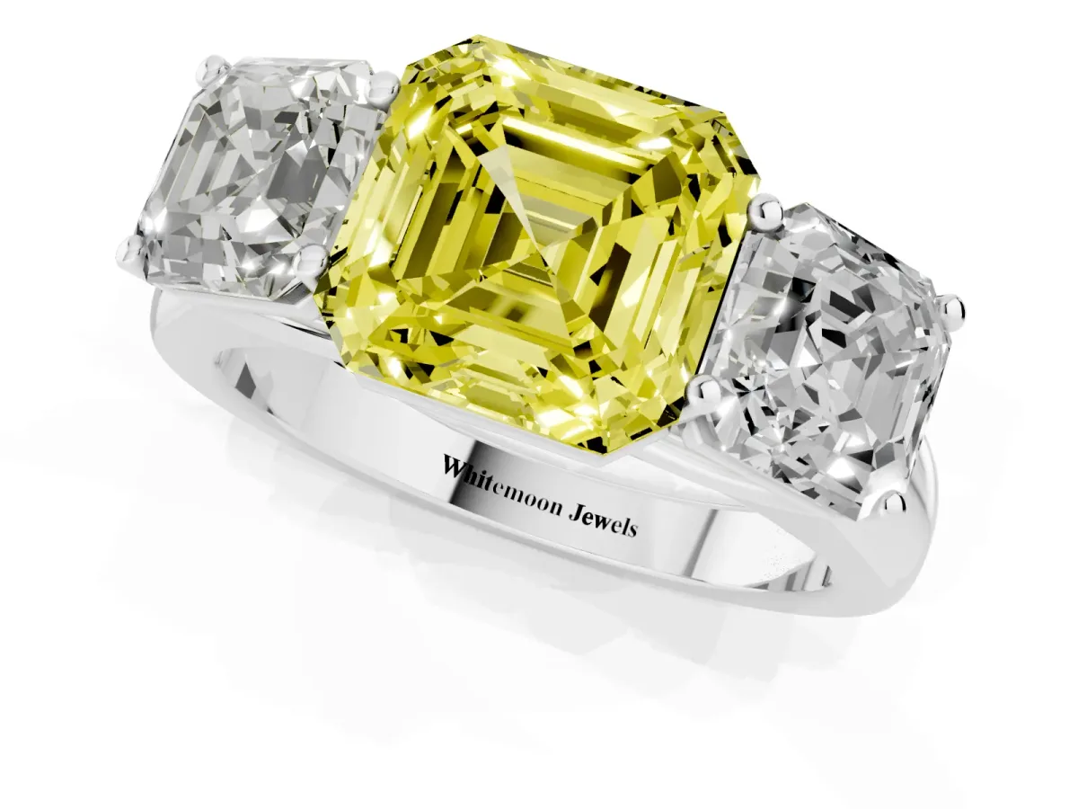 Fancy Yellow Asscher Cut Three-Stone Diamond Ring with Prong Setting on a Classic Band Silver