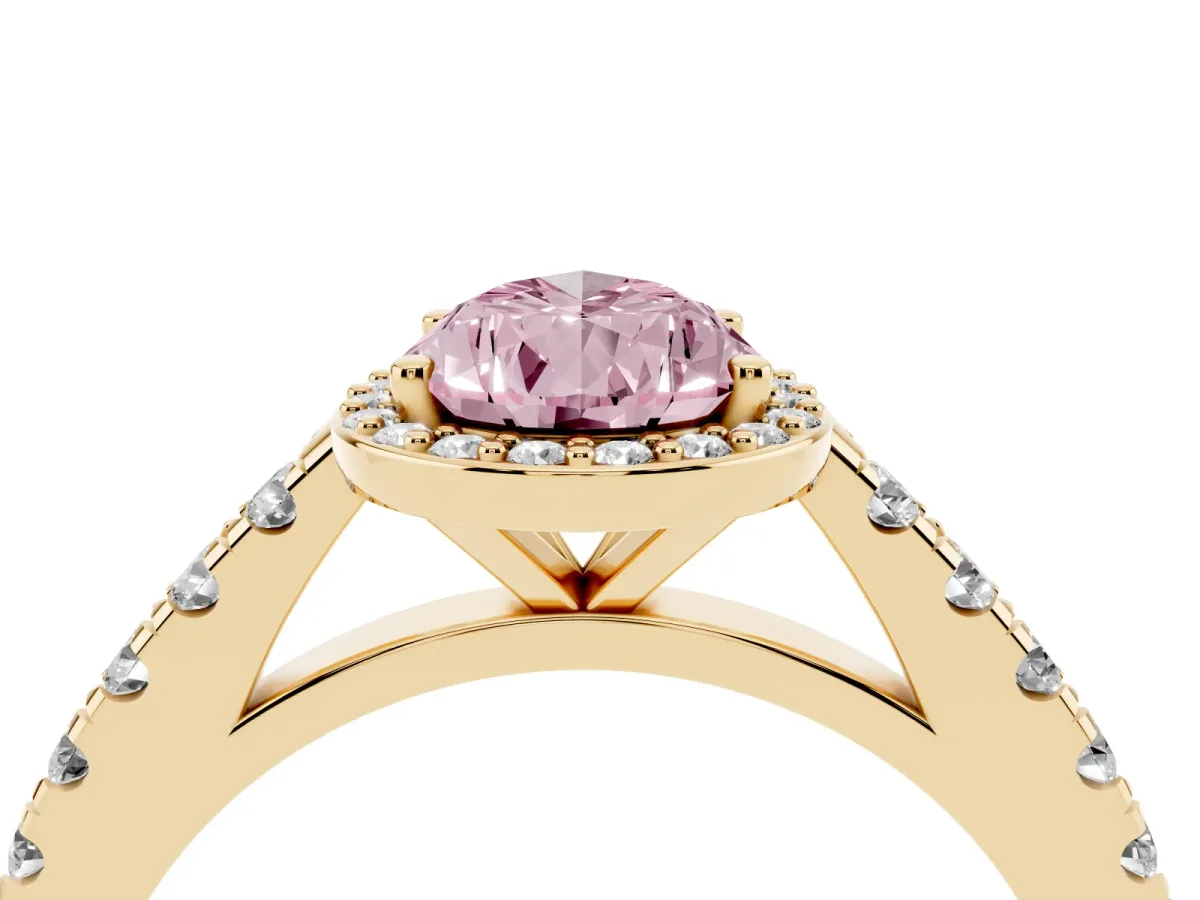 Fancy Pink Pear Cut Cut Halo Diamond Engagement Ring with Pave Band and Four-Prong Setting Yellow gold