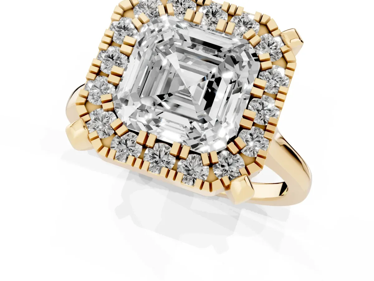 Asscher Cut Diamond Cluster Halo Solitaire with Four-Prong Setting Yellow gold