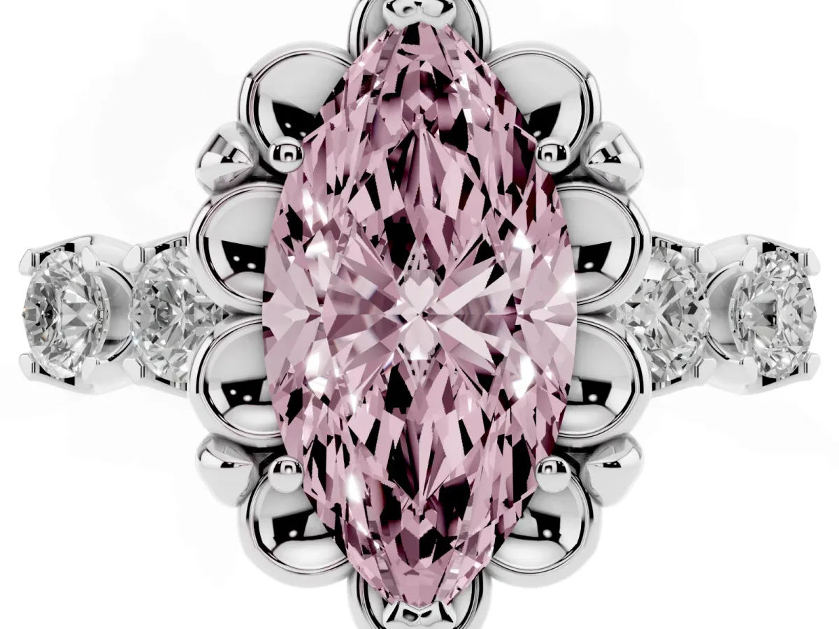 Fancy Pink Marquise Cut Cut Diamond Floral Halo Engagement Ring with Shared Prong Setting Platinum