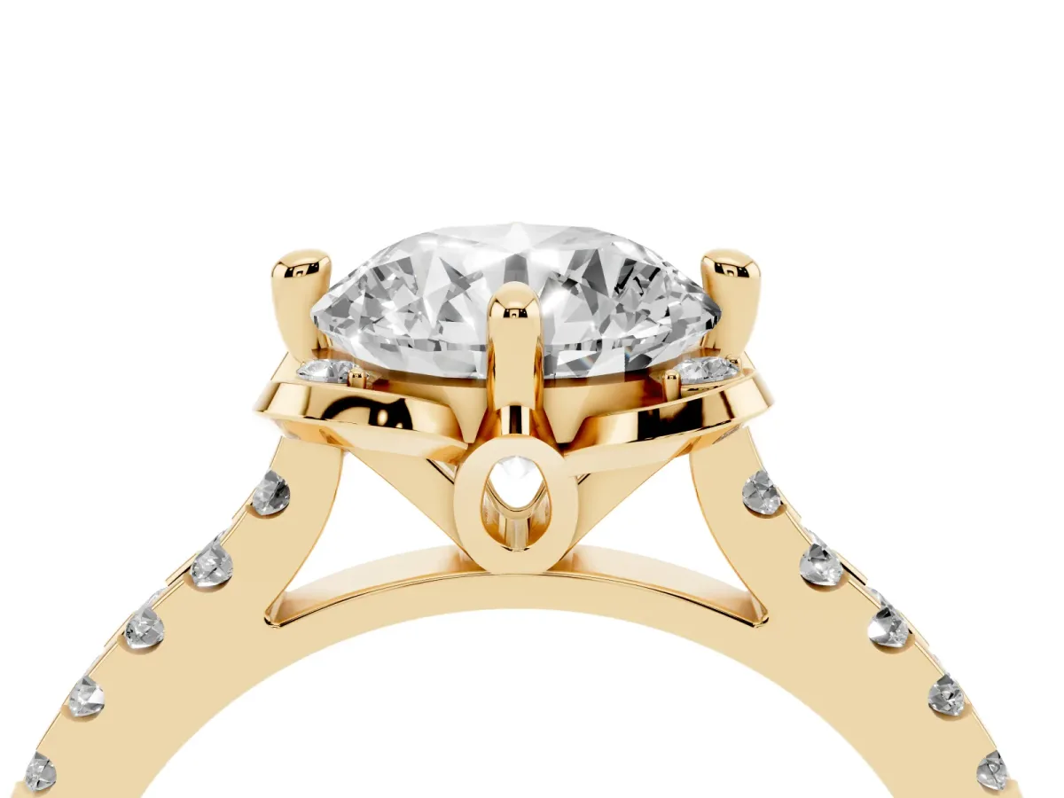 Round Cut Diamond Ring with Pavé Band and Floral Prong Setting Yellow gold