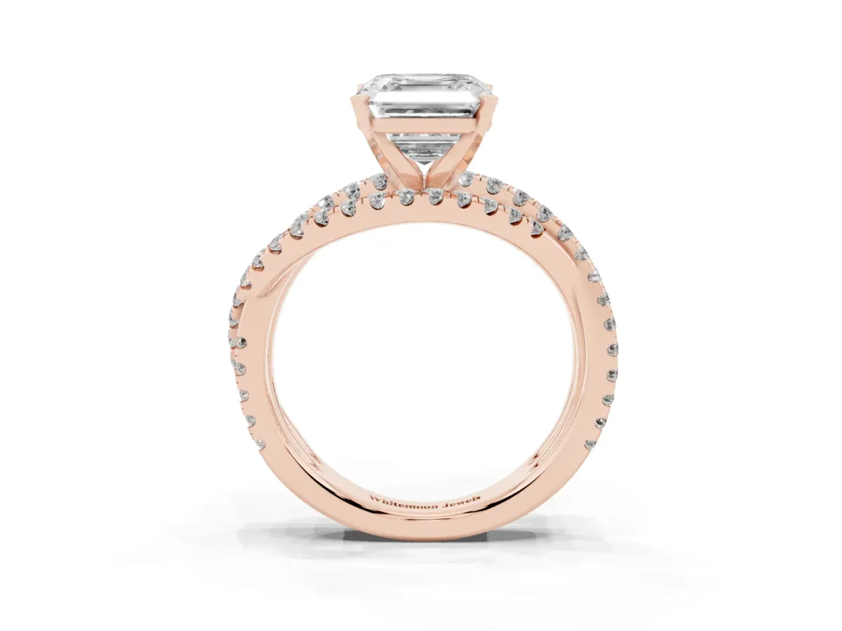 Asscher Cut Solitaire Twist Band with Pavé Setting and Four-Prong Setting Rose gold