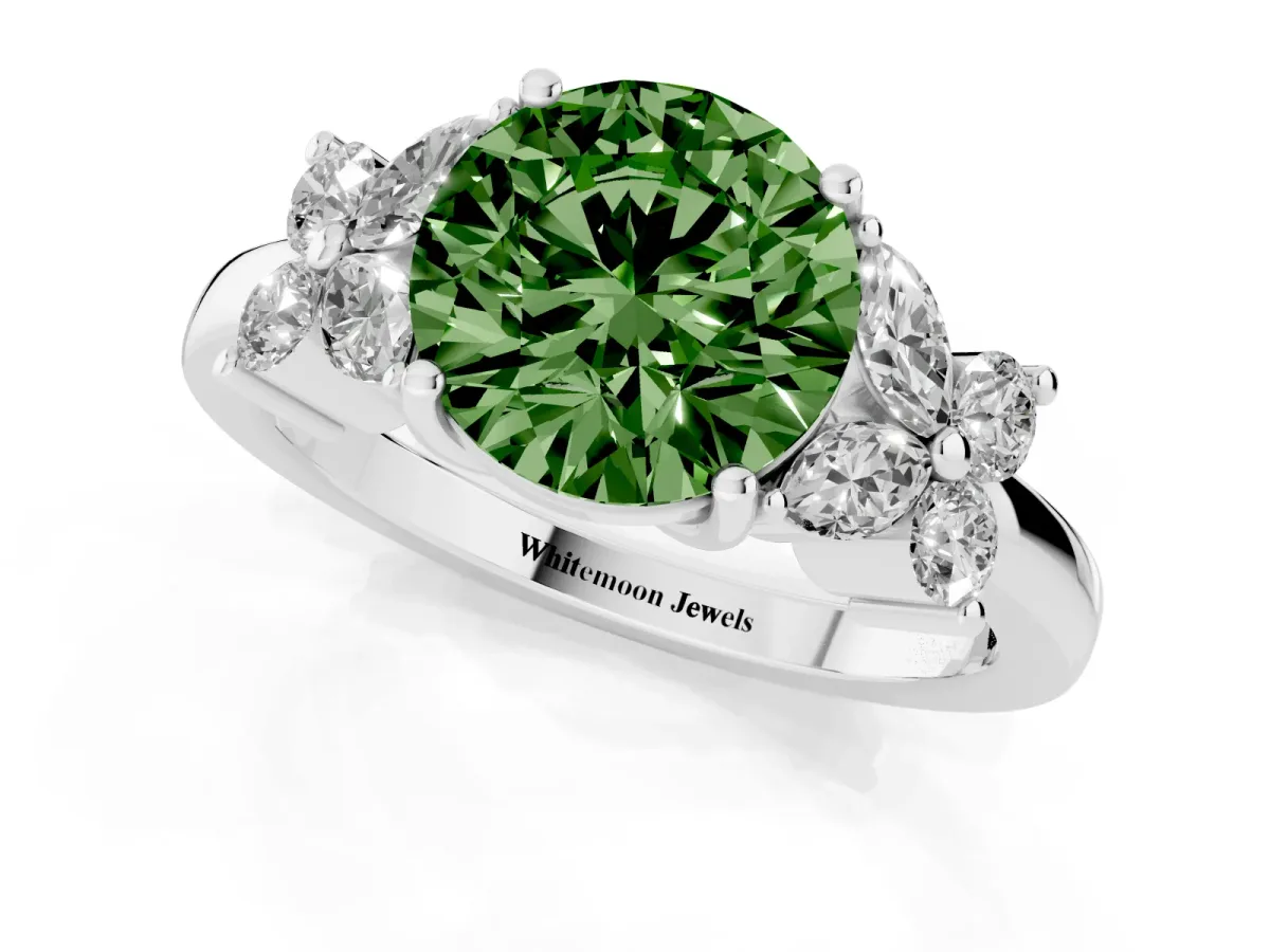 Fancy Green Round Cut Diamond Floral Cluster Ring with Solitaire Band and Prong Setting Silver