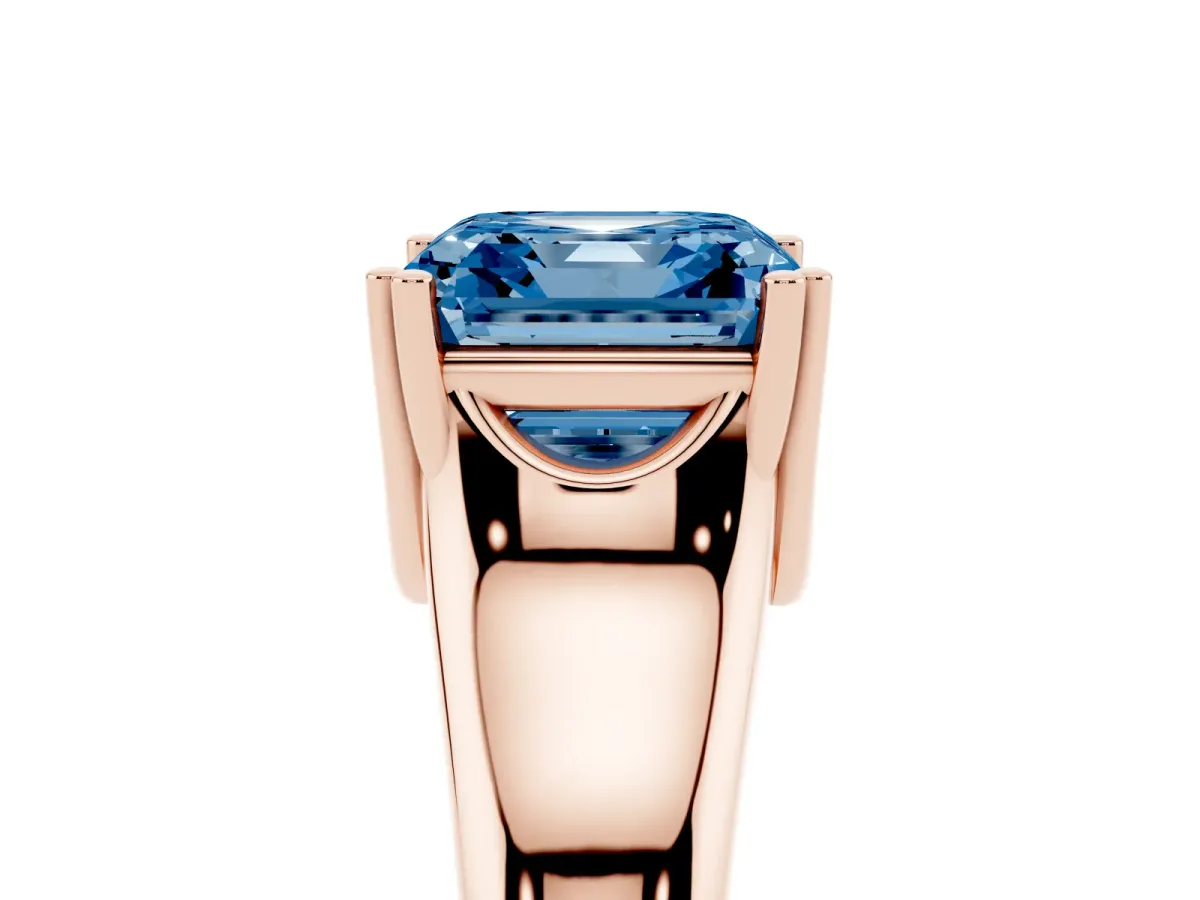 Fancy Blue Asscher Cut Diamond Solitaire Ring with Wide Band and Prong Setting Rose gold