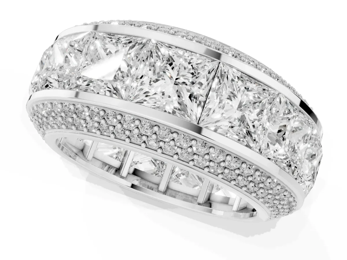 Princess Diamond Pavé Mens Wedding Band with Round Diamond Accents White gold