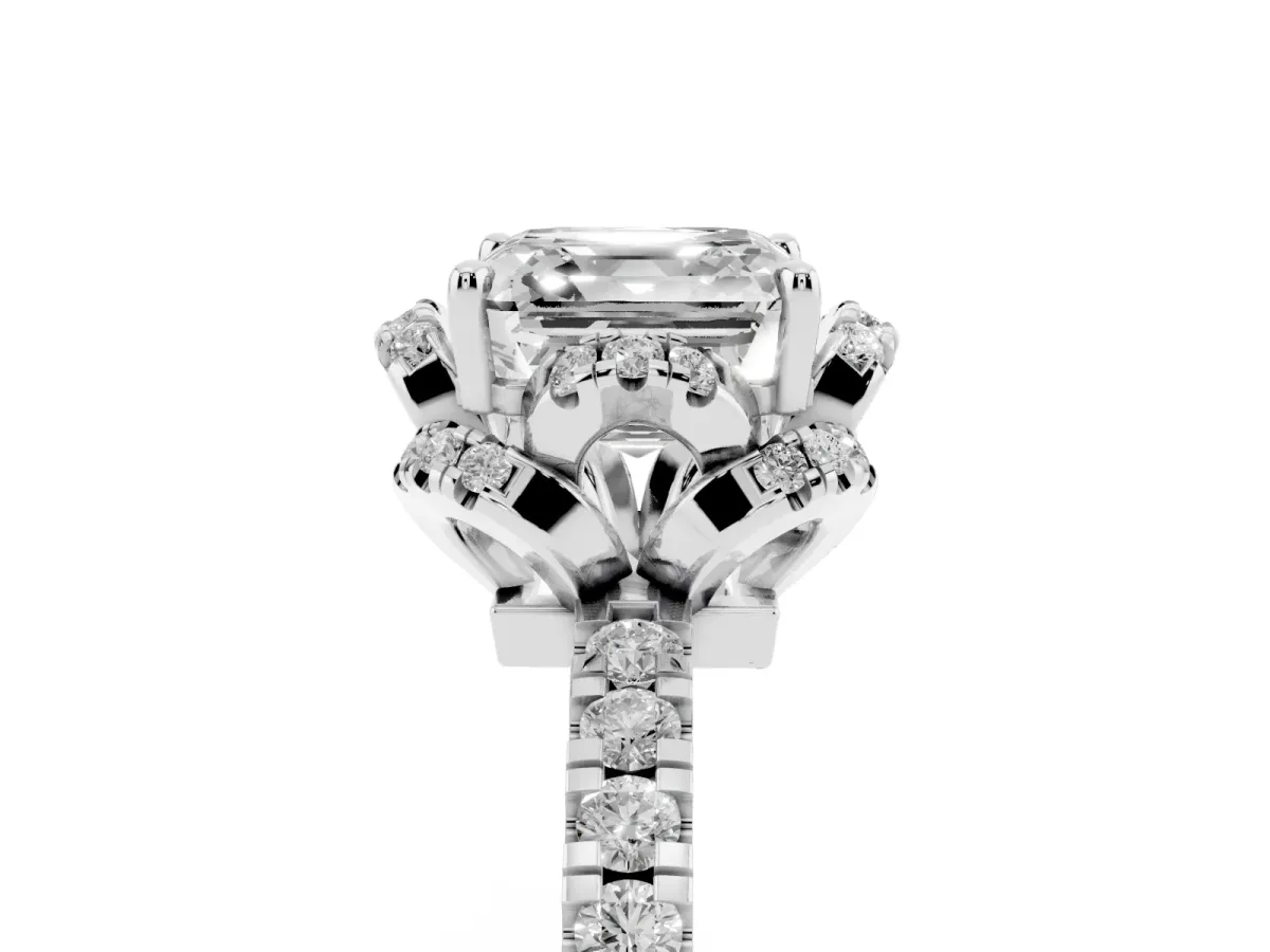 Asscher Cut Diamond Halo Pave Band with Four-Prong Setting Silver