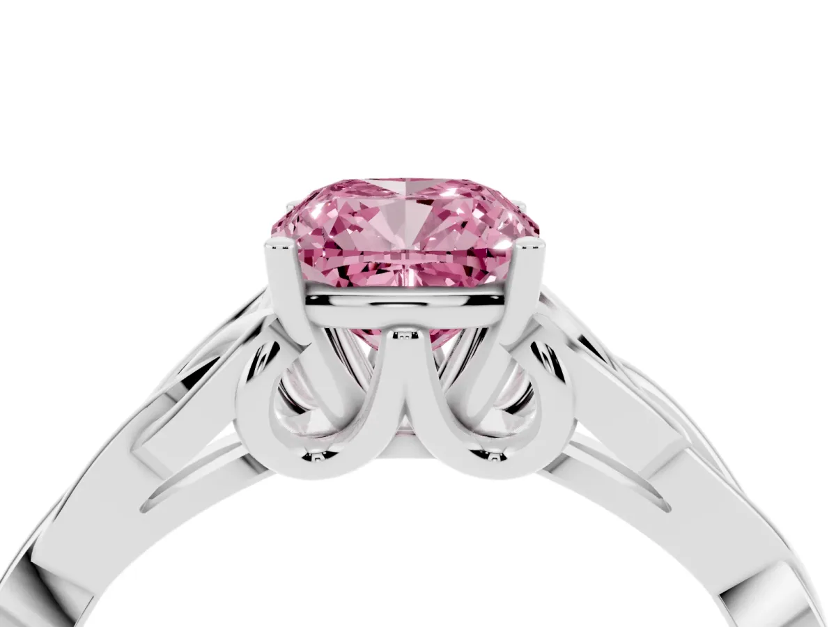 Fancy Pink Cushion Cut Diamond Solitaire Engagement Ring with Celtic Knot Band and Four-Prong Setting Platinum
