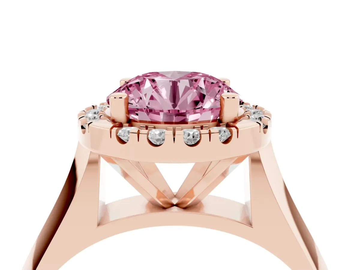 Fancy Pink Round Cut Cut Halo Solitaire Engagement Ring with Square Band and Four-Prong Setting Rose gold