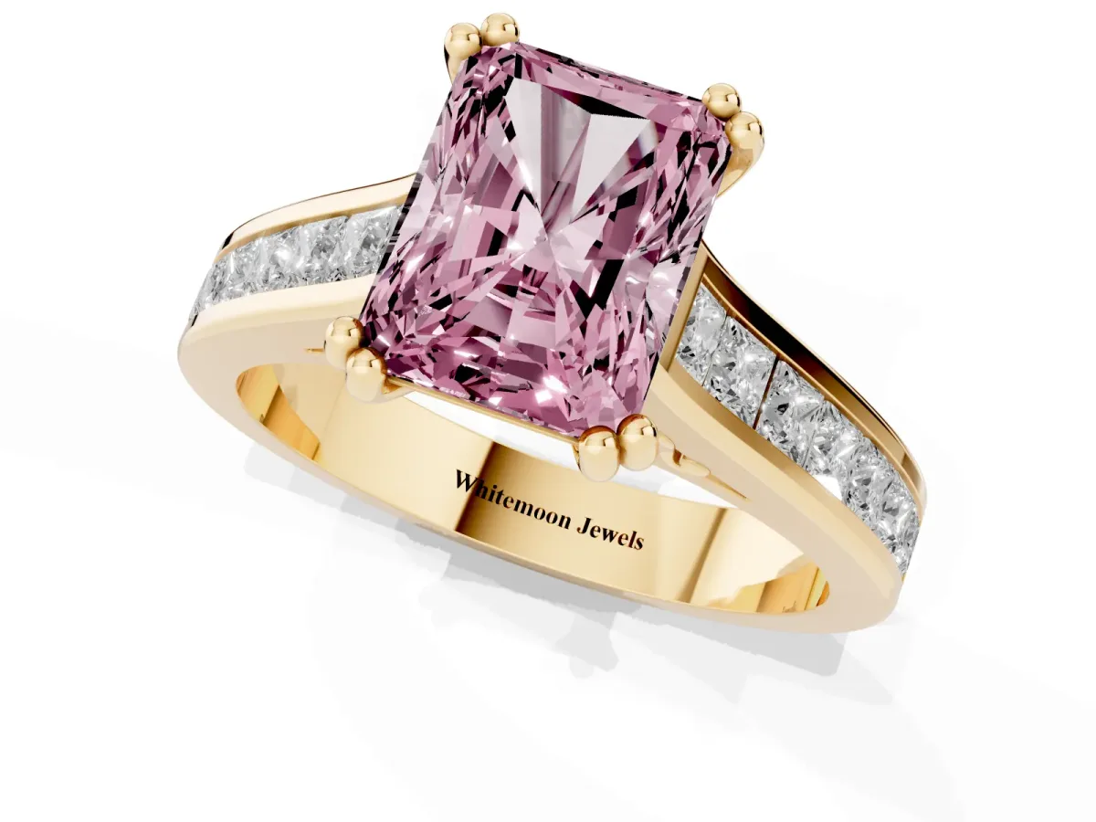 Fancy Pink Radiant Cut Cut Channel Set Solitaire Engagement Ring with Prong Setting Yellow gold