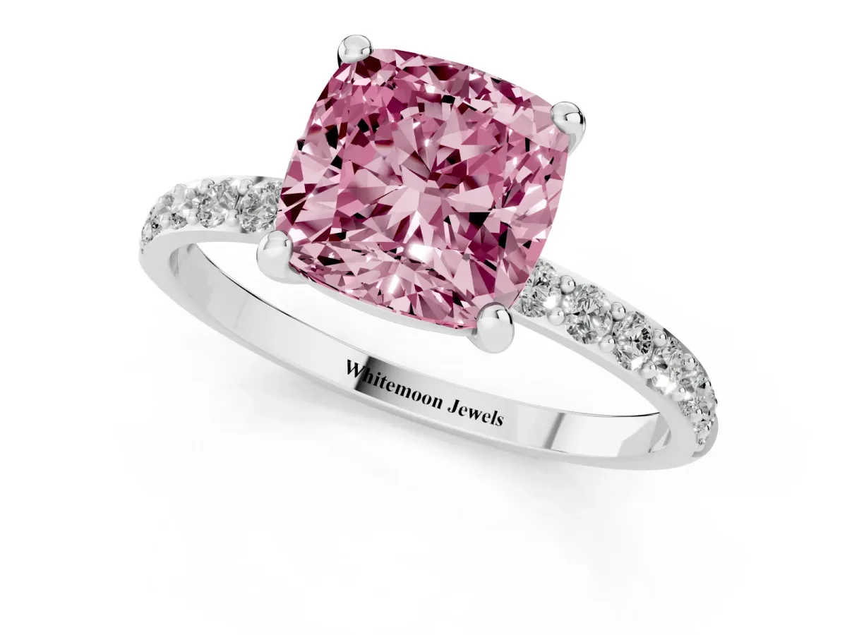 Fancy Pink Cushion Cut Diamond Solitaire Ring with Round Pavé Band and Prong Setting Silver