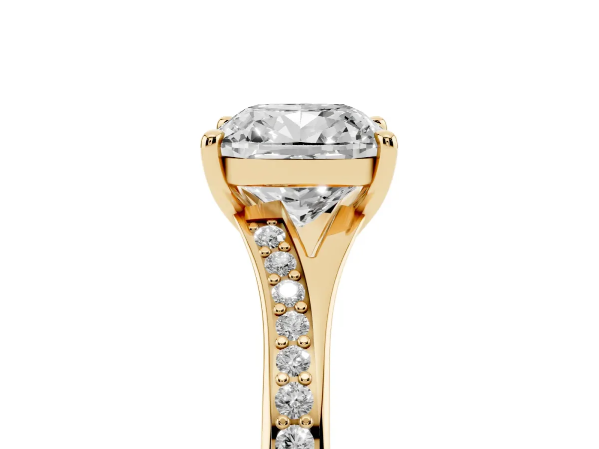 Cushion Cut Diamond Solitaire Ring with Pavé Band and Prong Setting Yellow gold