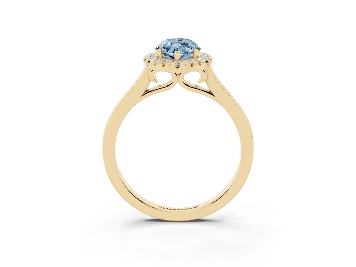 Fancy Blue Marquise Cut Halo Round Diamond Solitaire Ring with Pavé Band and Four-Prong Setting Yellow gold