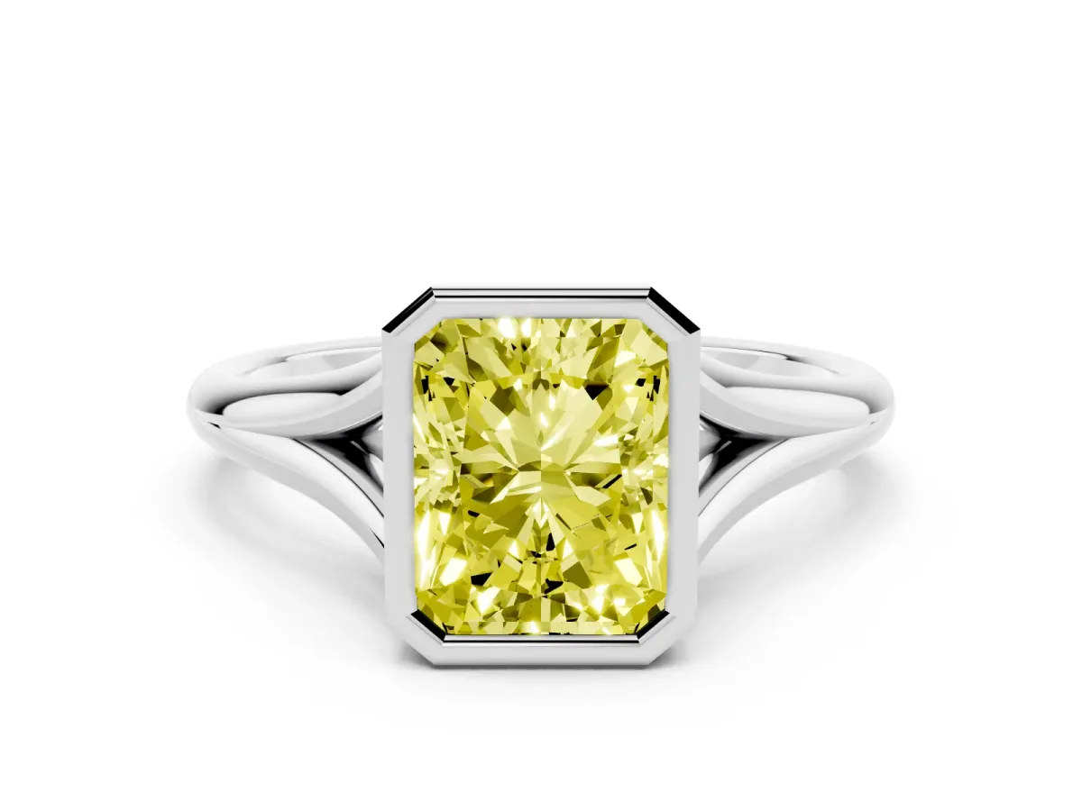 Fancy Yellow Bezel Set Radiant Cut Cut Solitaire Ring with Tapered Band Platinum