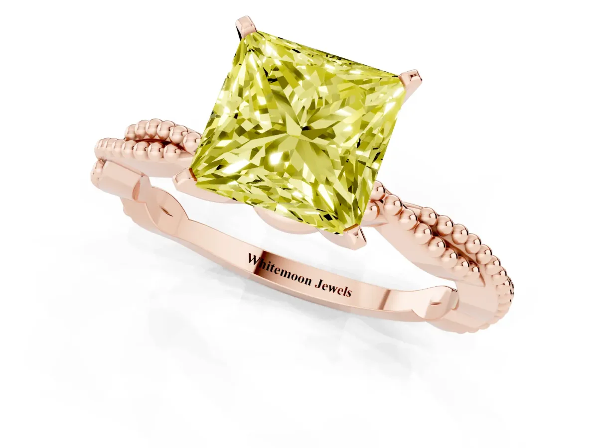 Fancy Yellow Princess Cut Solitaire Twisted Band with Bead Prong Setting Rose gold